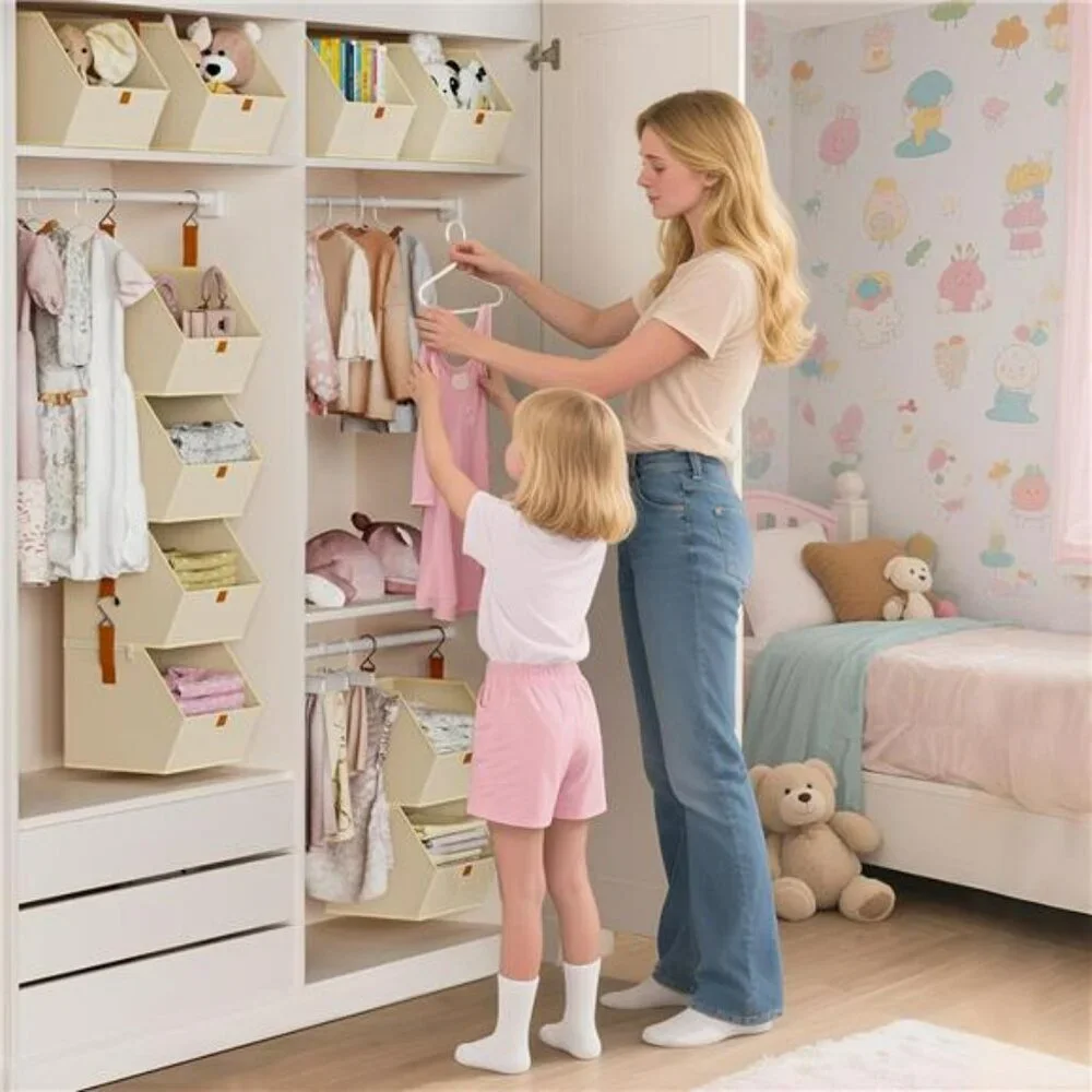Hanging closet organizer 4 tier shelves with fabric storage bins bedroom dorm RV